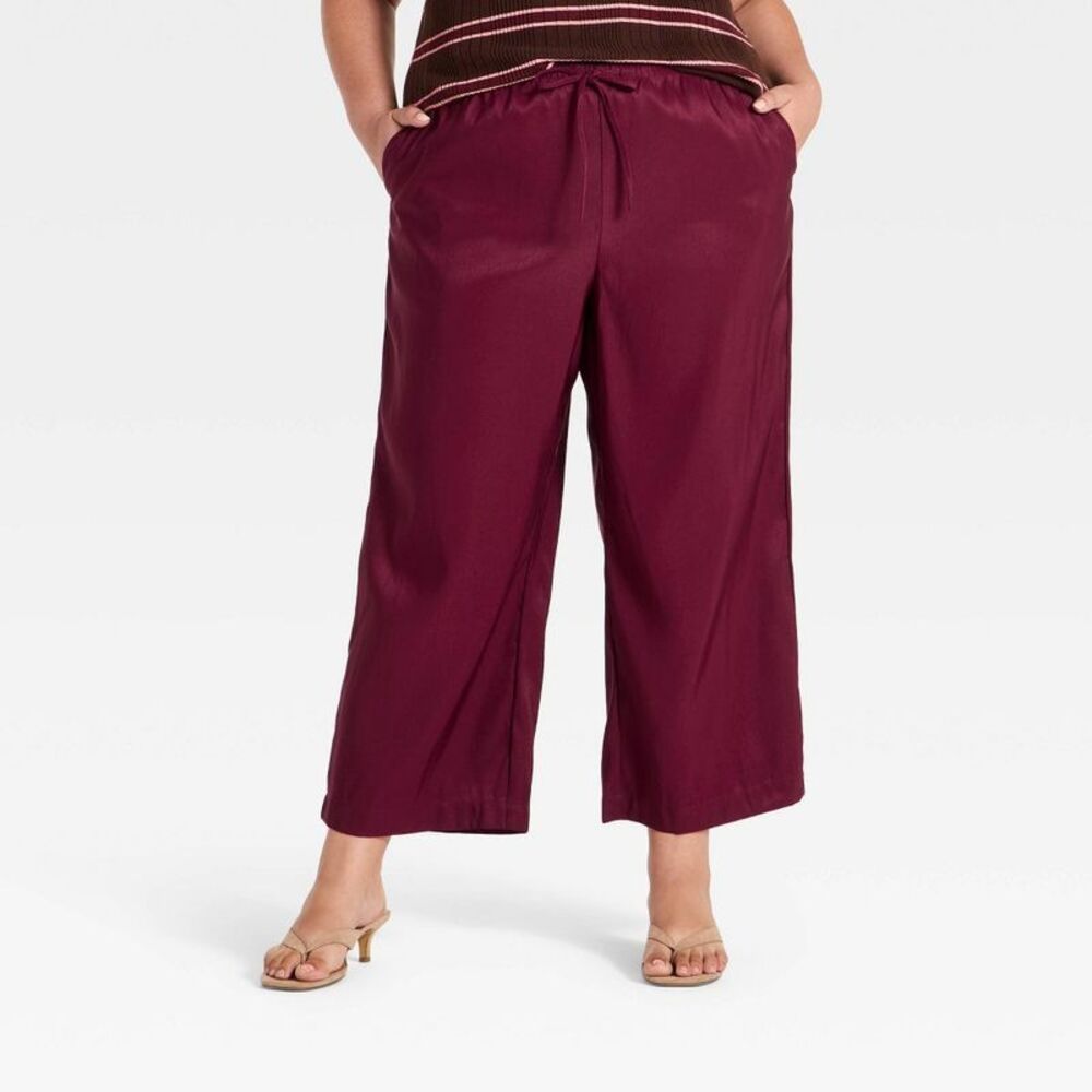 Women's Mid-Rise Cropped Taffeta Straight Leg Pants - Burgundy 3X